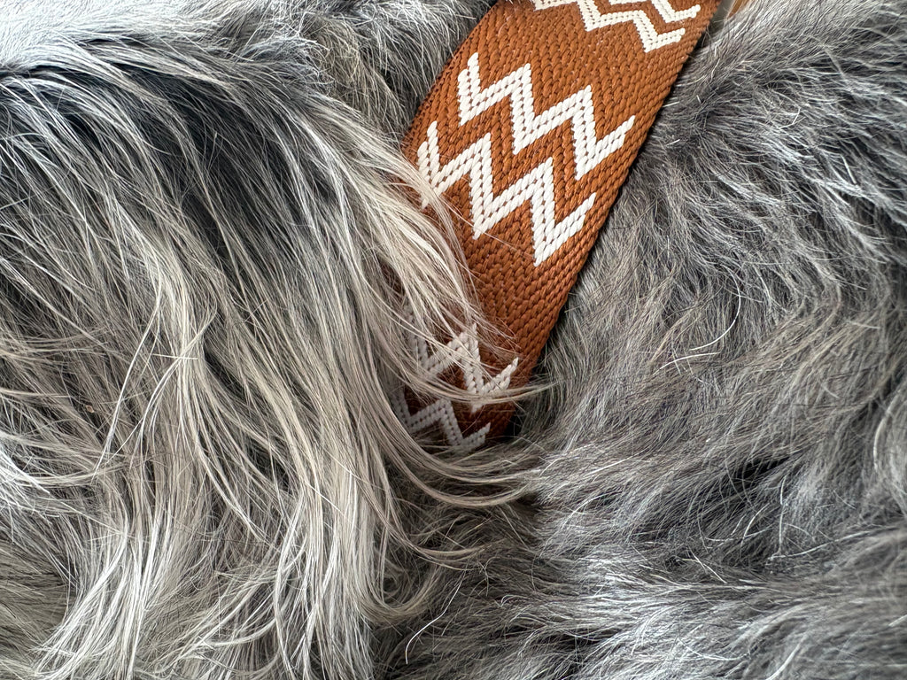 Salty Nova Tides collar in Driftwood, a handmade 38mm dog collar with grey hardware, detail view