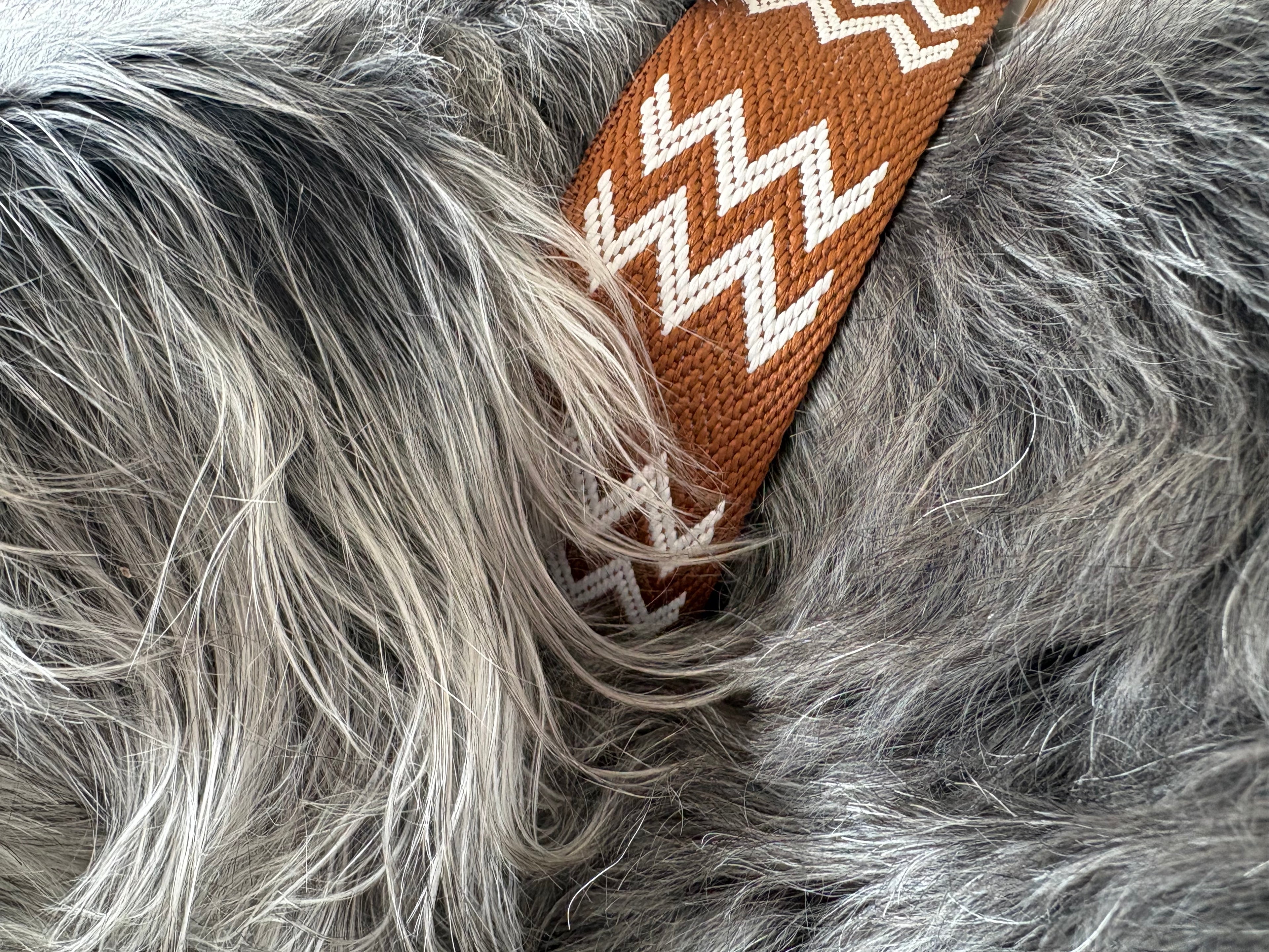 Salty Nova Tides collar in Driftwood, a handmade 38mm dog collar with grey hardware, detail view