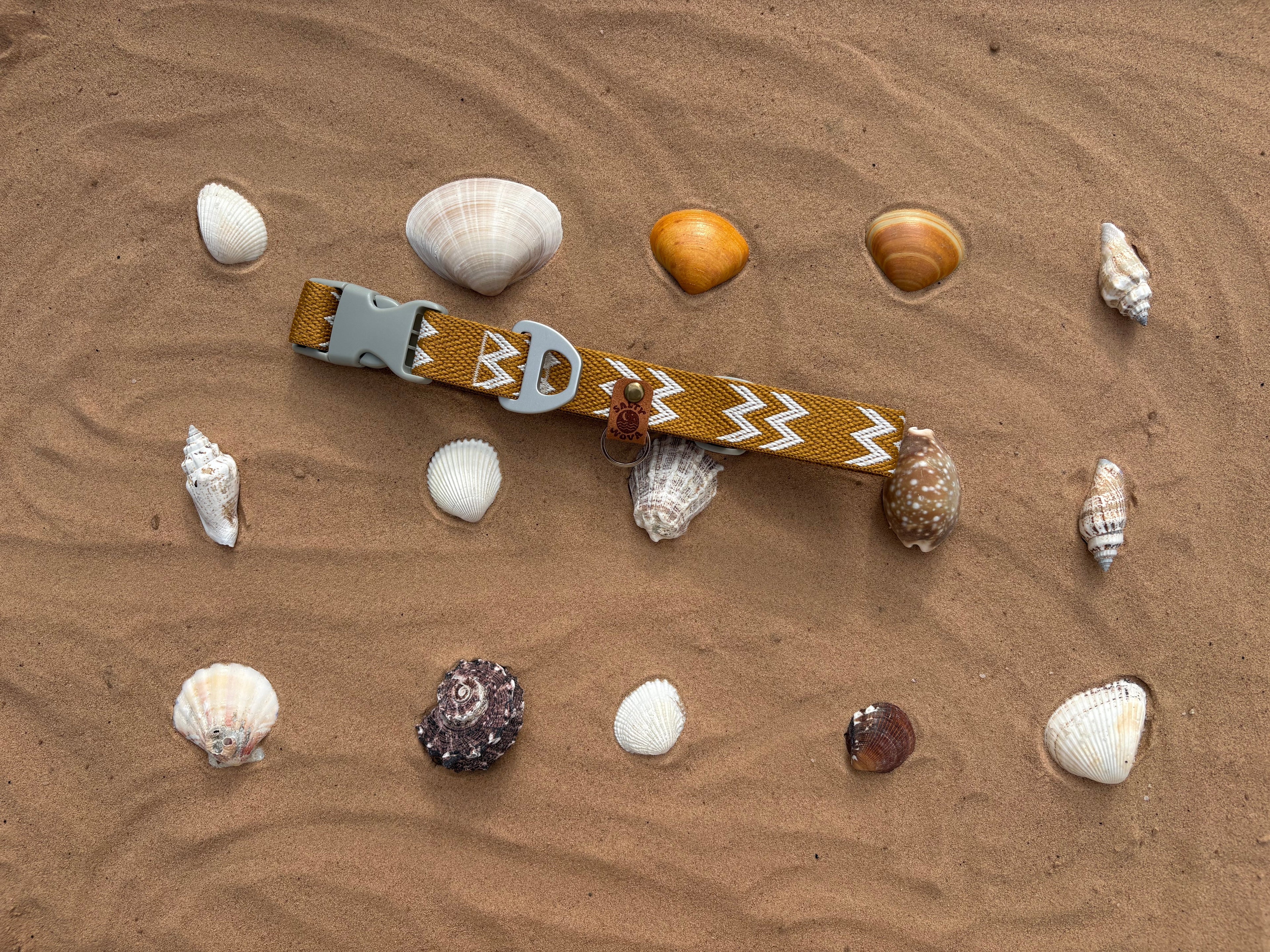 Salty Nova Tideline collar in Dune, a handmade 25mm dog collar in warm sun-washed tones, additional angle