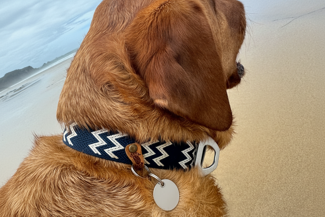 Salty Nova Tides collar in Blue Hour, a handmade 38mm dog collar in deep navy webbing