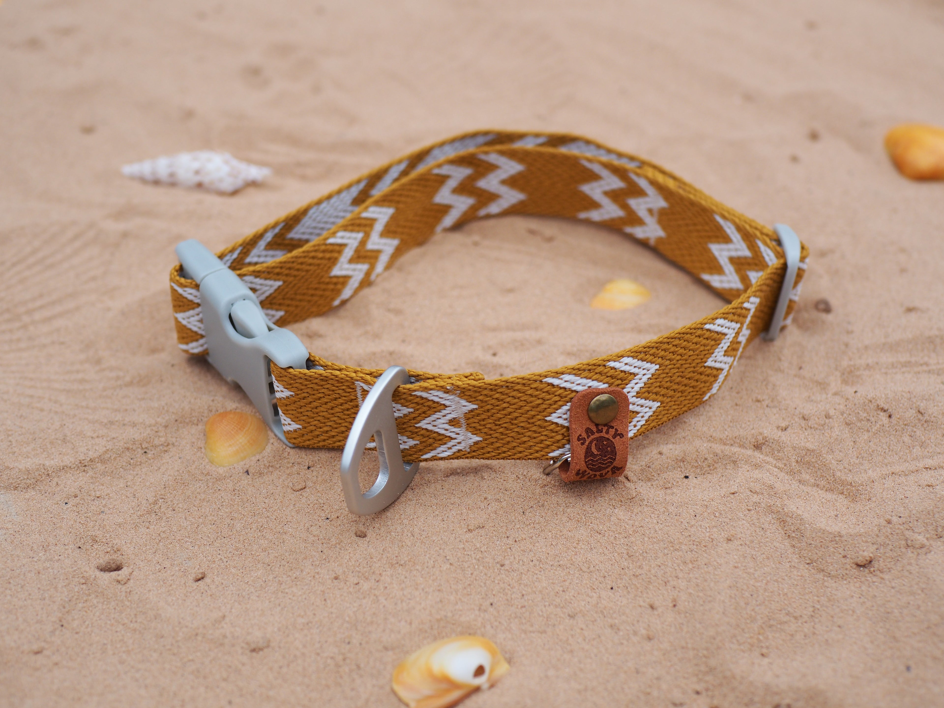 Salty Nova Tideline collar in Dune, a handmade 25mm dog collar in warm sun-washed tones, lifestyle shot
