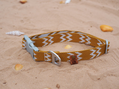 Salty Nova Tideline collar in Dune, a handmade 25mm dog collar in warm sun-washed tones