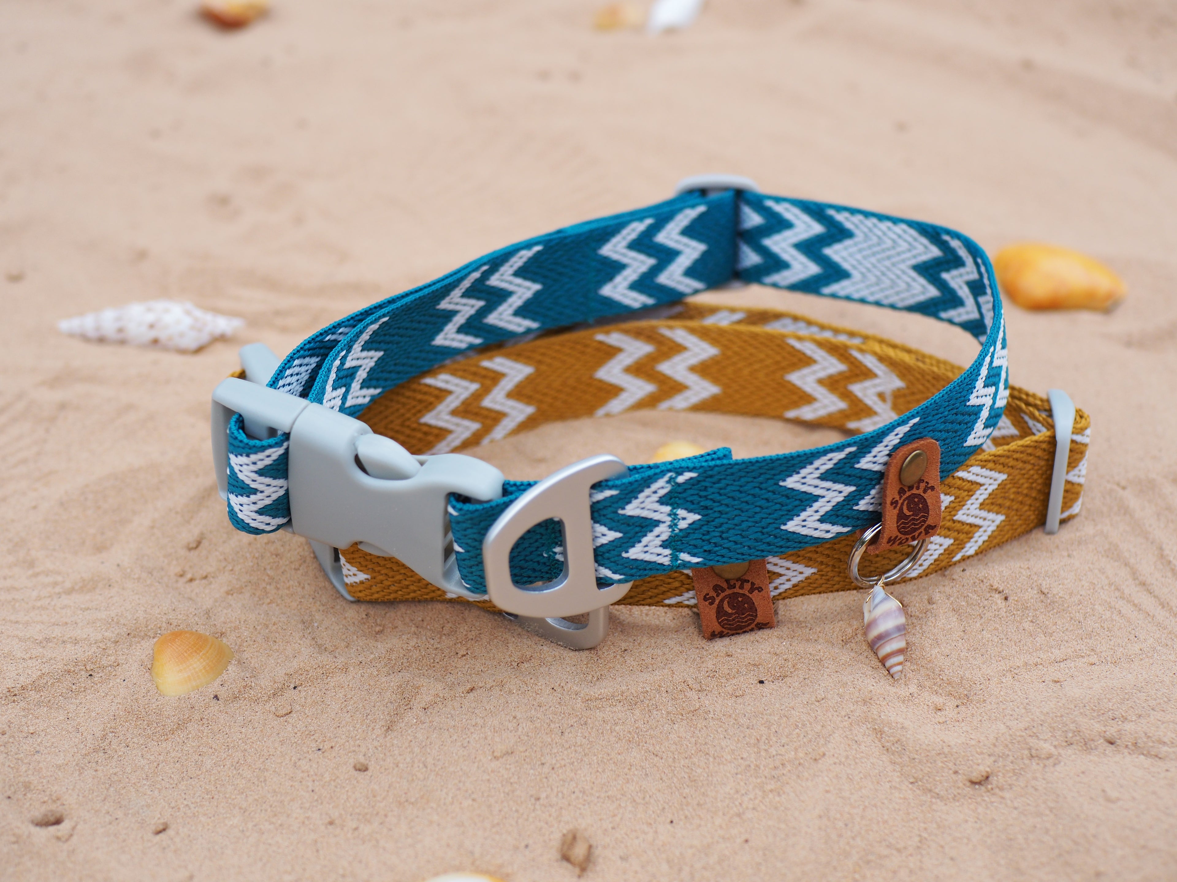 Salty Nova Tideline collar in Kelp, a handmade 25mm dog collar in sea-green webbing, close-up