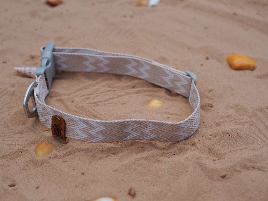 Salty Nova Tideline collar in Sea Glass, a handmade 25mm dog collar in soft weathered tones, close-up