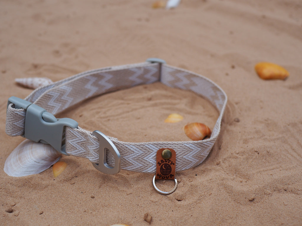 Salty Nova Tideline collar in Sea Glass, a handmade 25mm dog collar in soft weathered tones