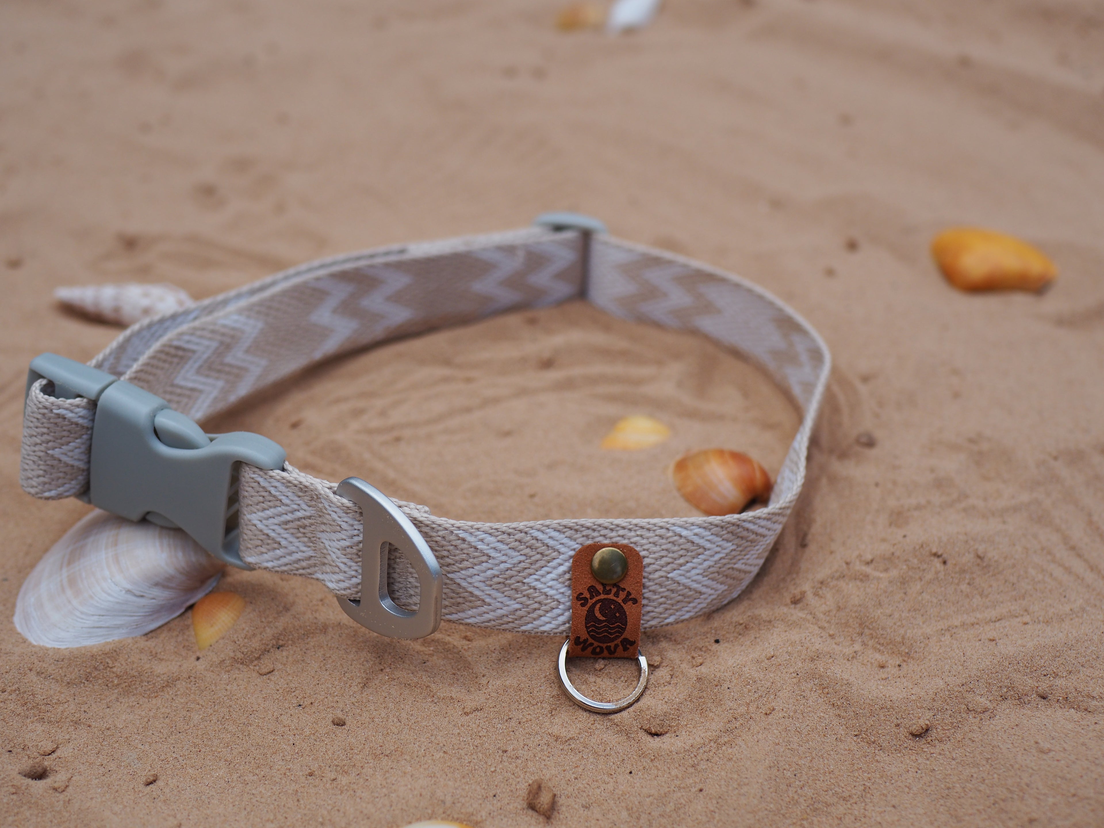 Salty Nova Tideline collar in Sea Glass, a handmade 25mm dog collar in soft weathered tones