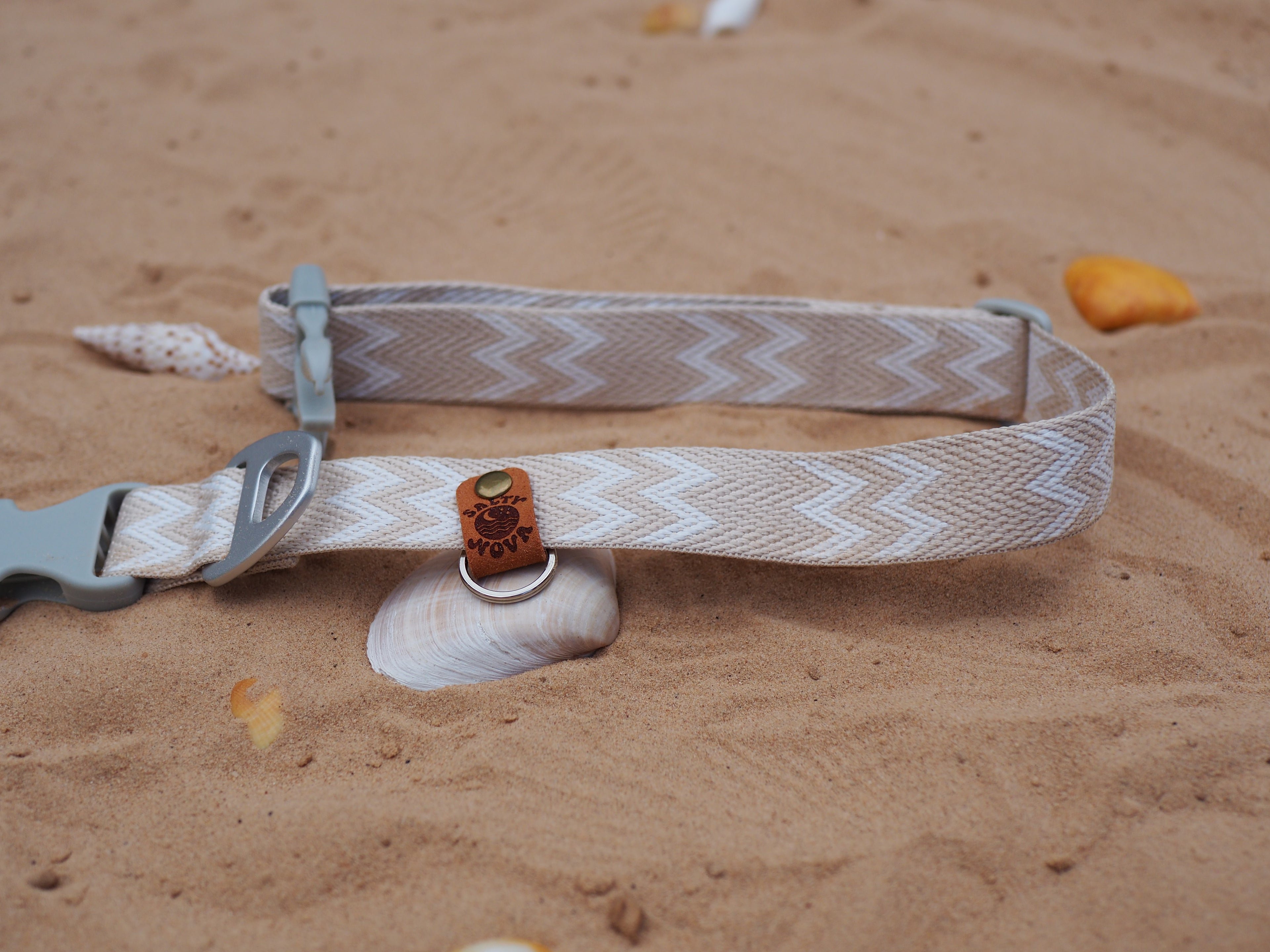 Salty Nova Tideline collar in Sea Glass, a handmade 25mm dog collar in soft weathered tones, lifestyle shot