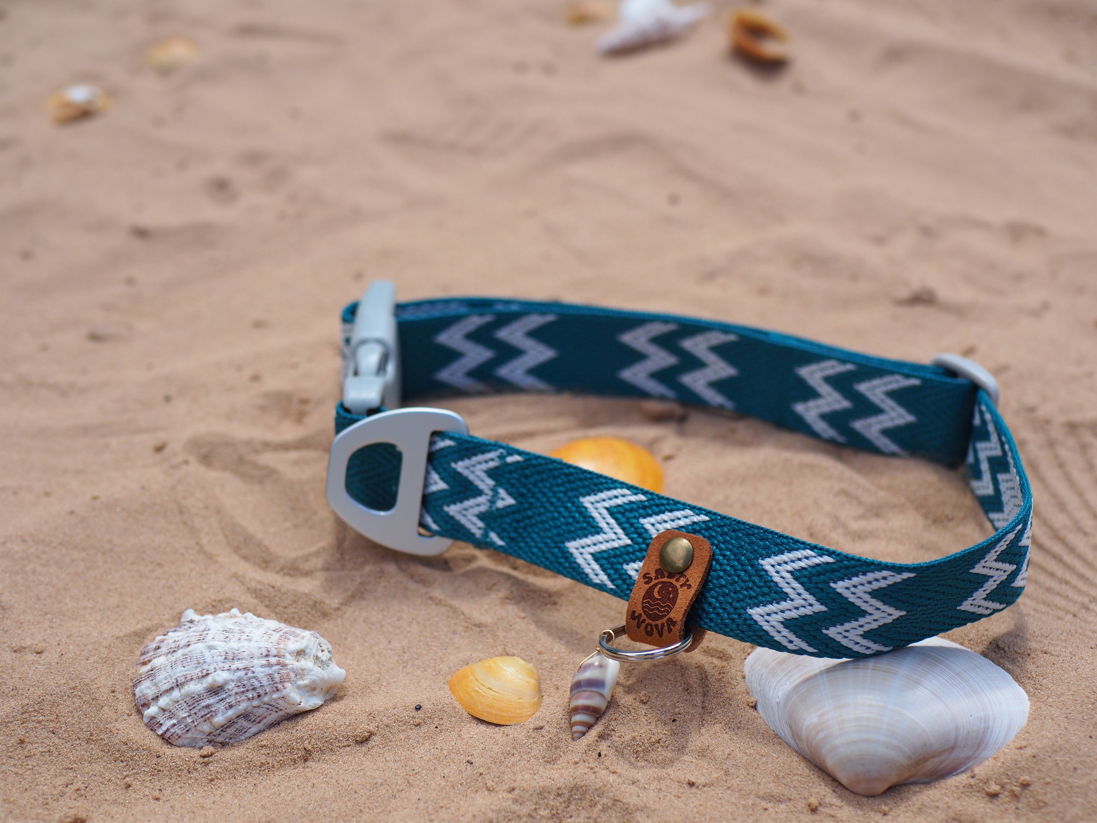 Salty Nova Tideline collar in Kelp, a handmade 25mm dog collar in sea-green webbing