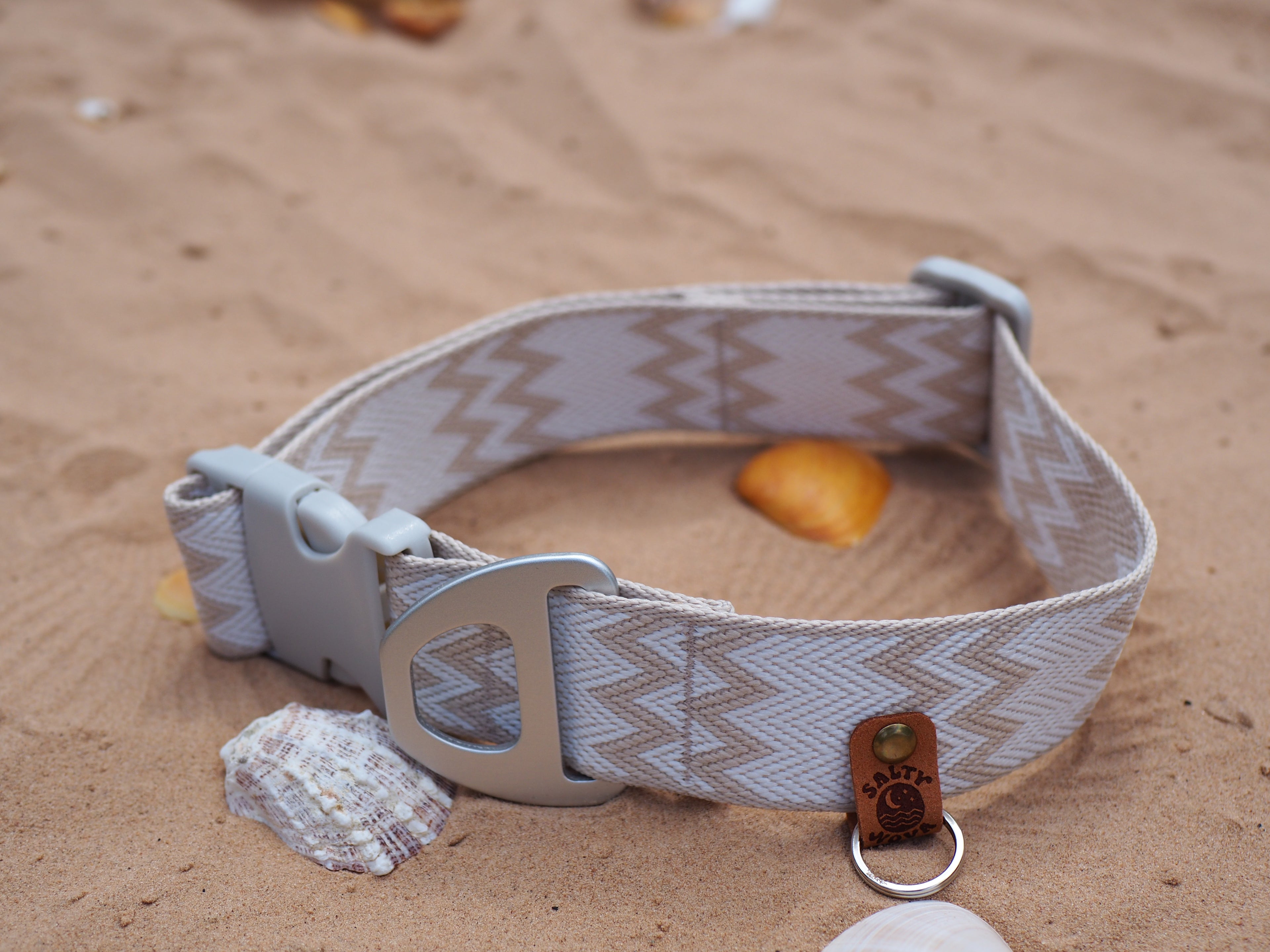 Salty Nova Tides collar in Sea Glass, a handmade 38mm dog collar in soft weathered tones, lifestyle shot
