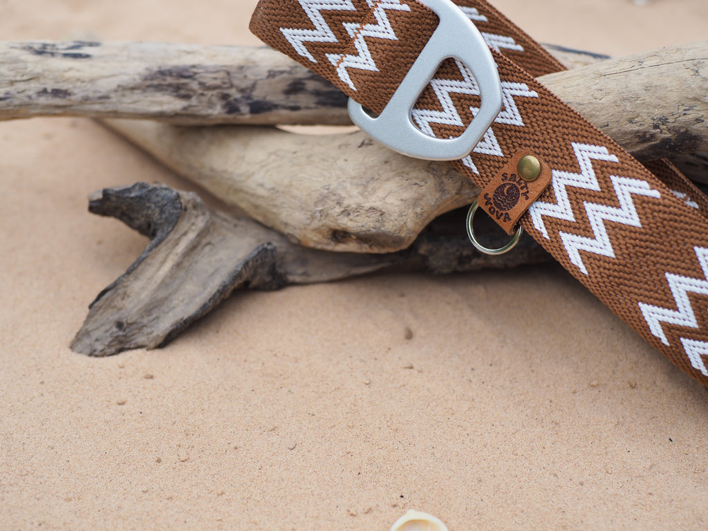 Salty Nova Tides collar in Driftwood, a handmade 38mm dog collar with grey hardware, additional angle