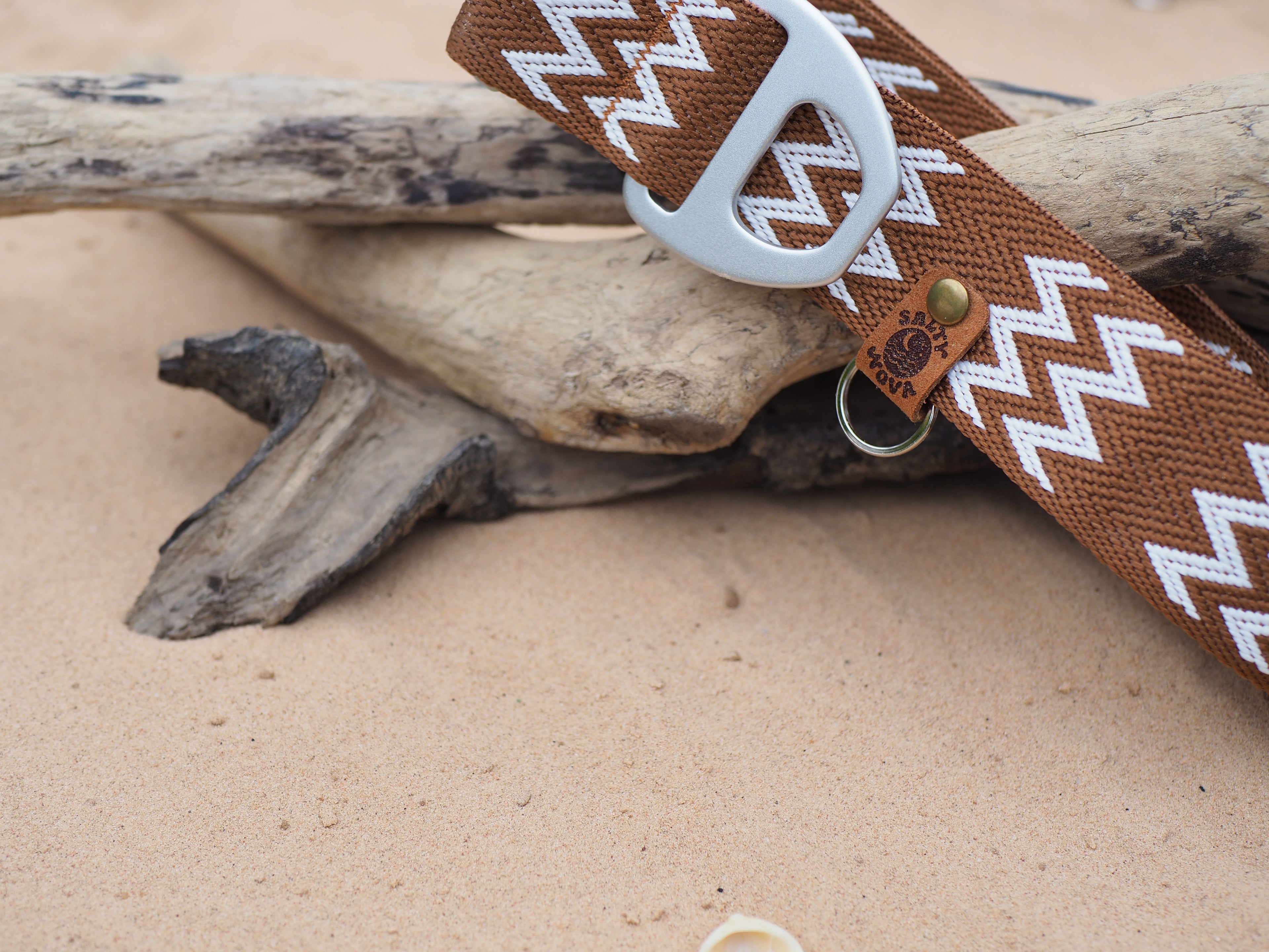 Salty Nova Tides collar in Driftwood, a handmade 38mm dog collar with grey hardware, additional angle