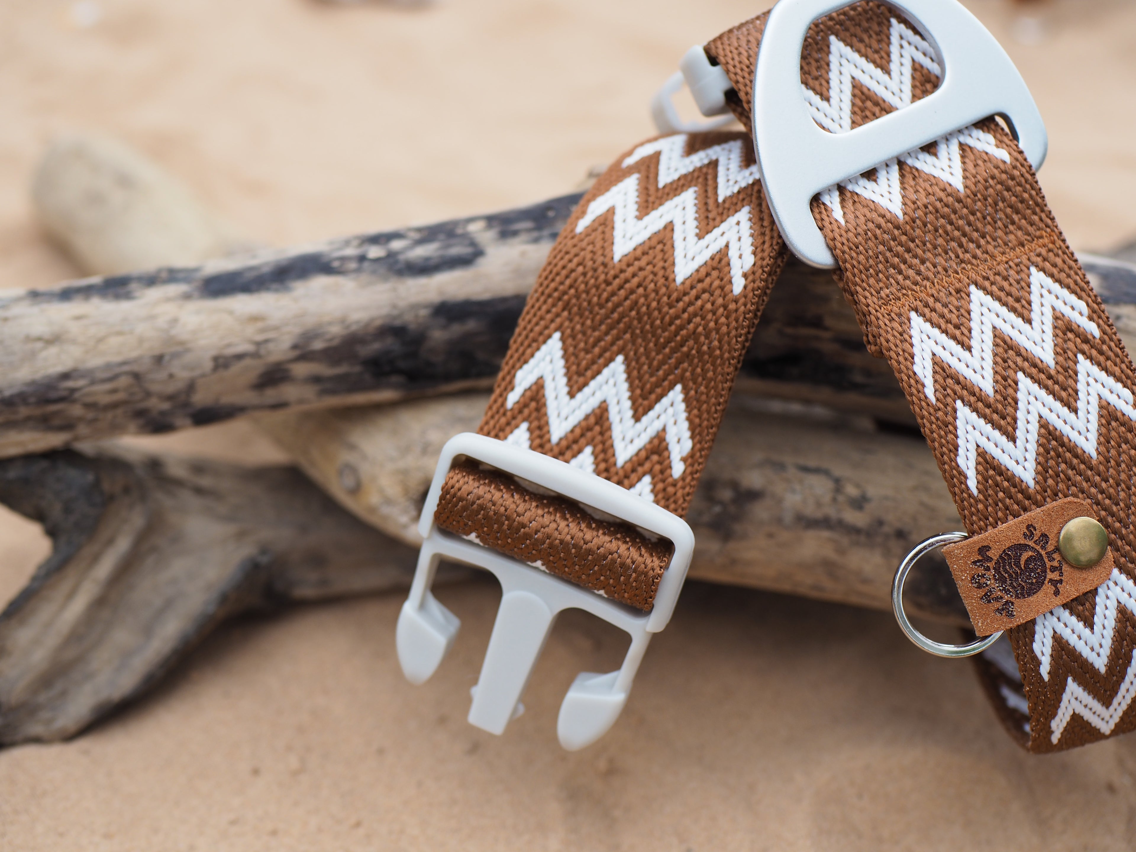Salty Nova Tides collar in Driftwood, a handmade 38mm dog collar with grey hardware, close-up