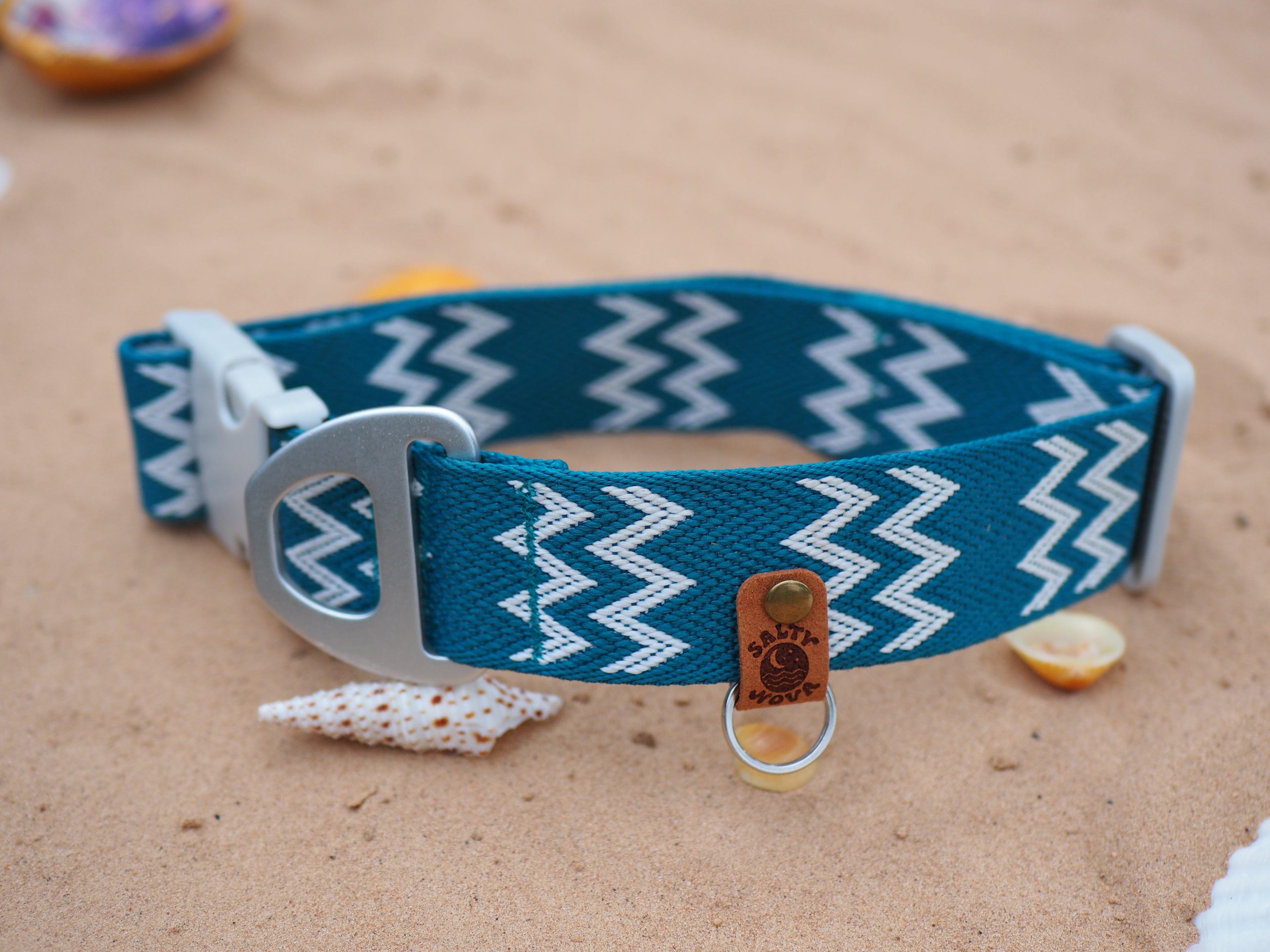 Salty Nova Tides collar in Kelp, a handmade 38mm dog collar in sea-green webbing