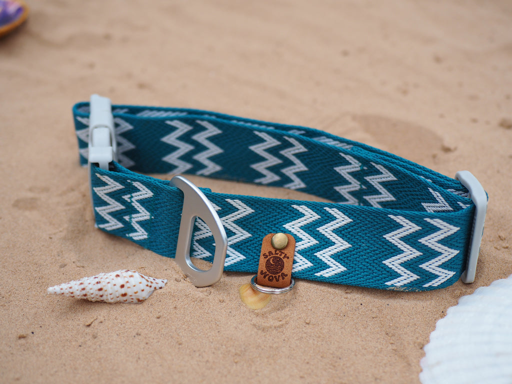 Salty Nova Tides collar in Kelp, a handmade 38mm dog collar in sea-green webbing, detail view