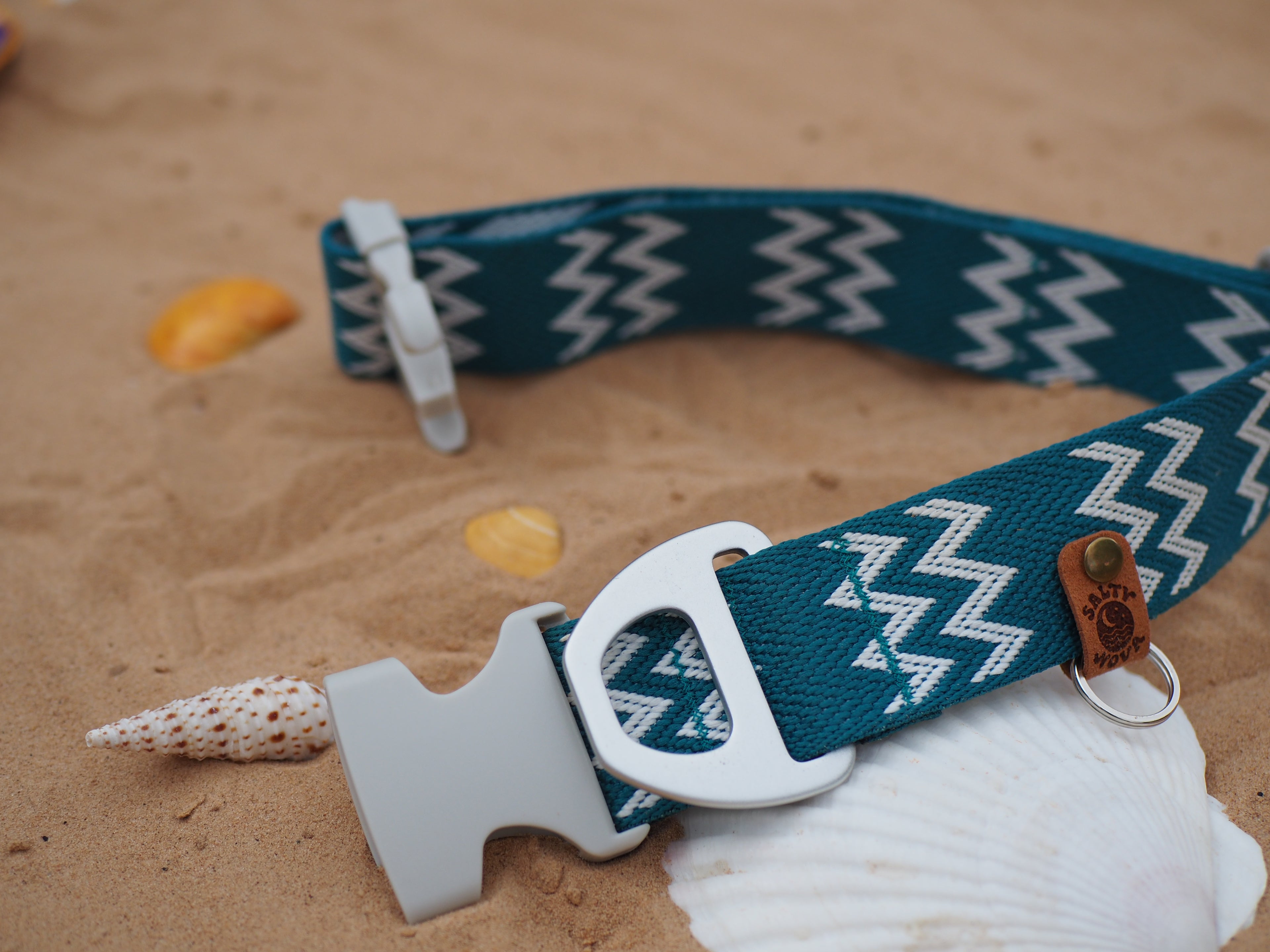 Salty Nova Tides collar in Kelp, a handmade 38mm dog collar in sea-green webbing, close-up