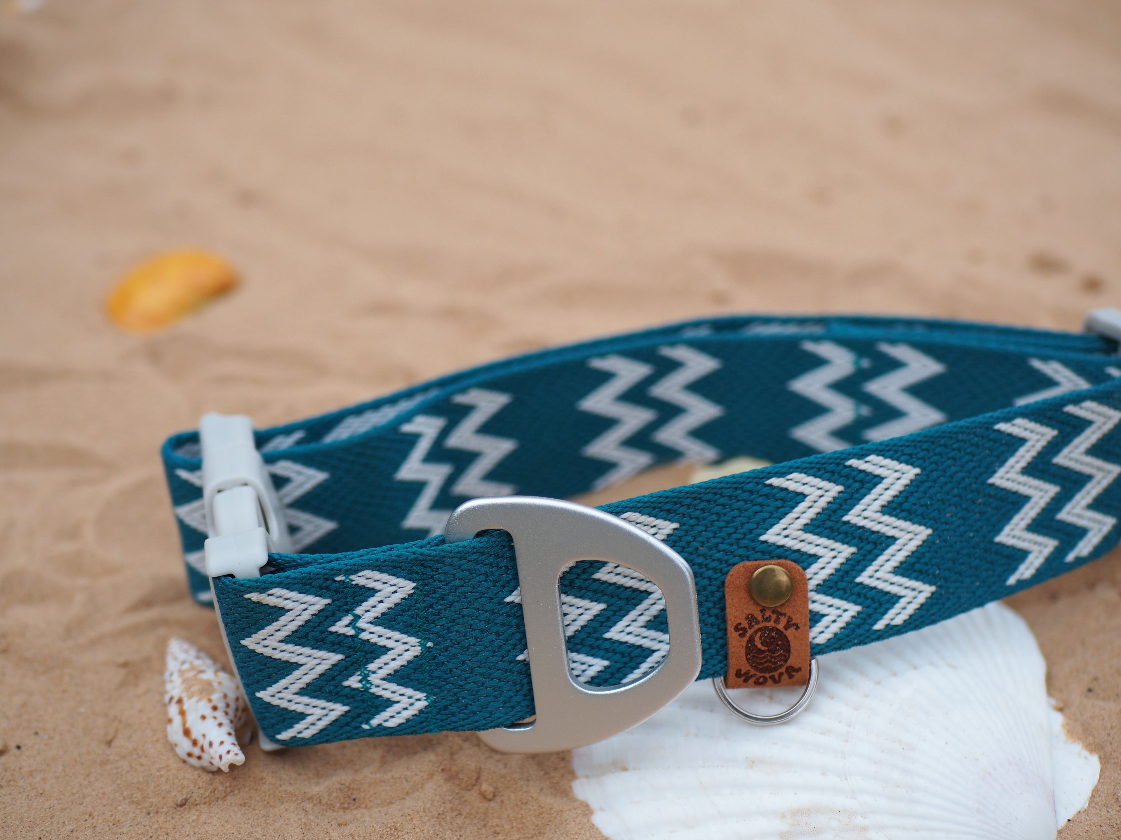 Salty Nova Tides collar in Kelp, a handmade 38mm dog collar in sea-green webbing, additional angle