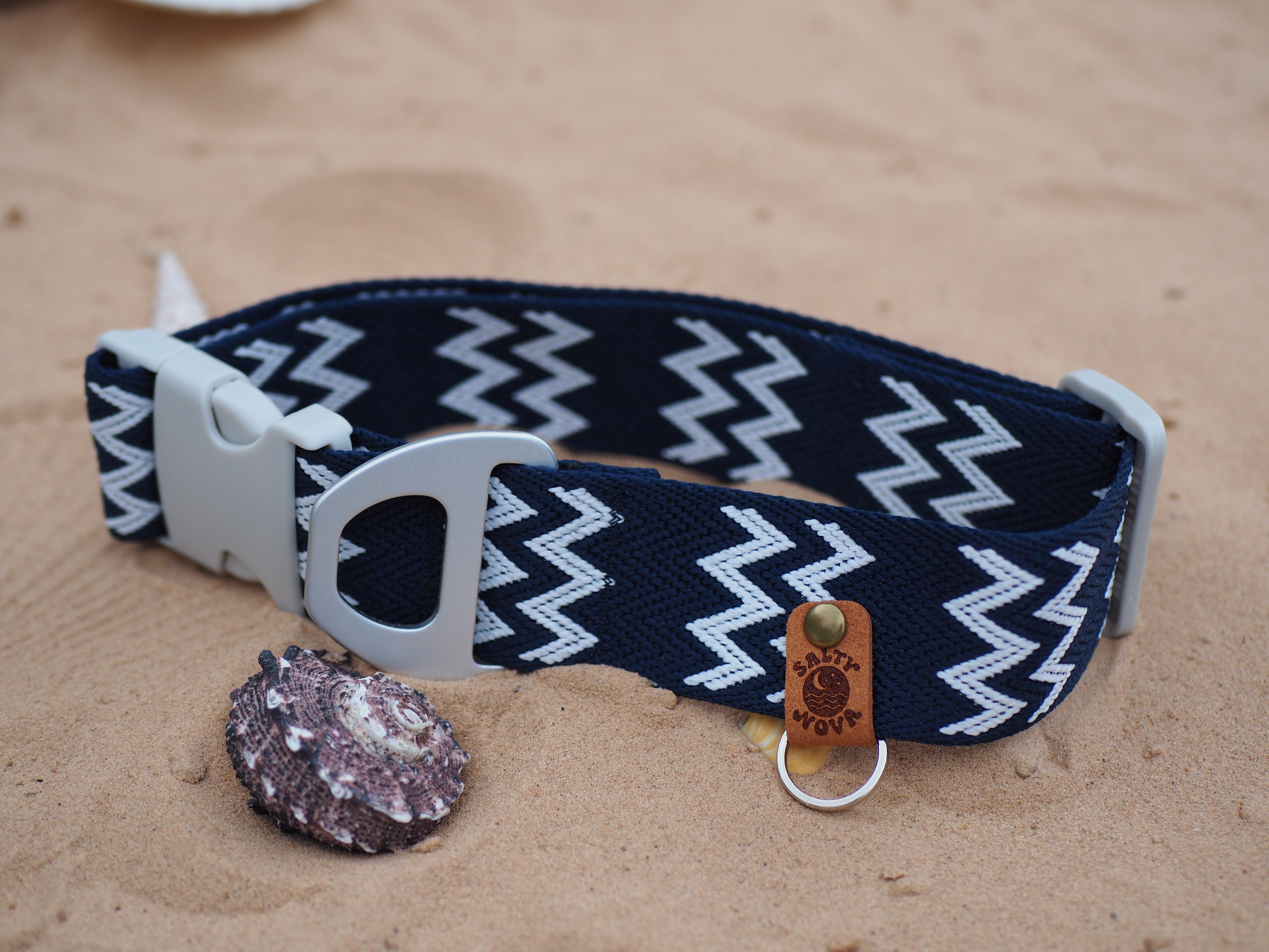 Salty Nova Tides collar in Blue Hour, a handmade 38mm dog collar in deep navy webbing, detail view