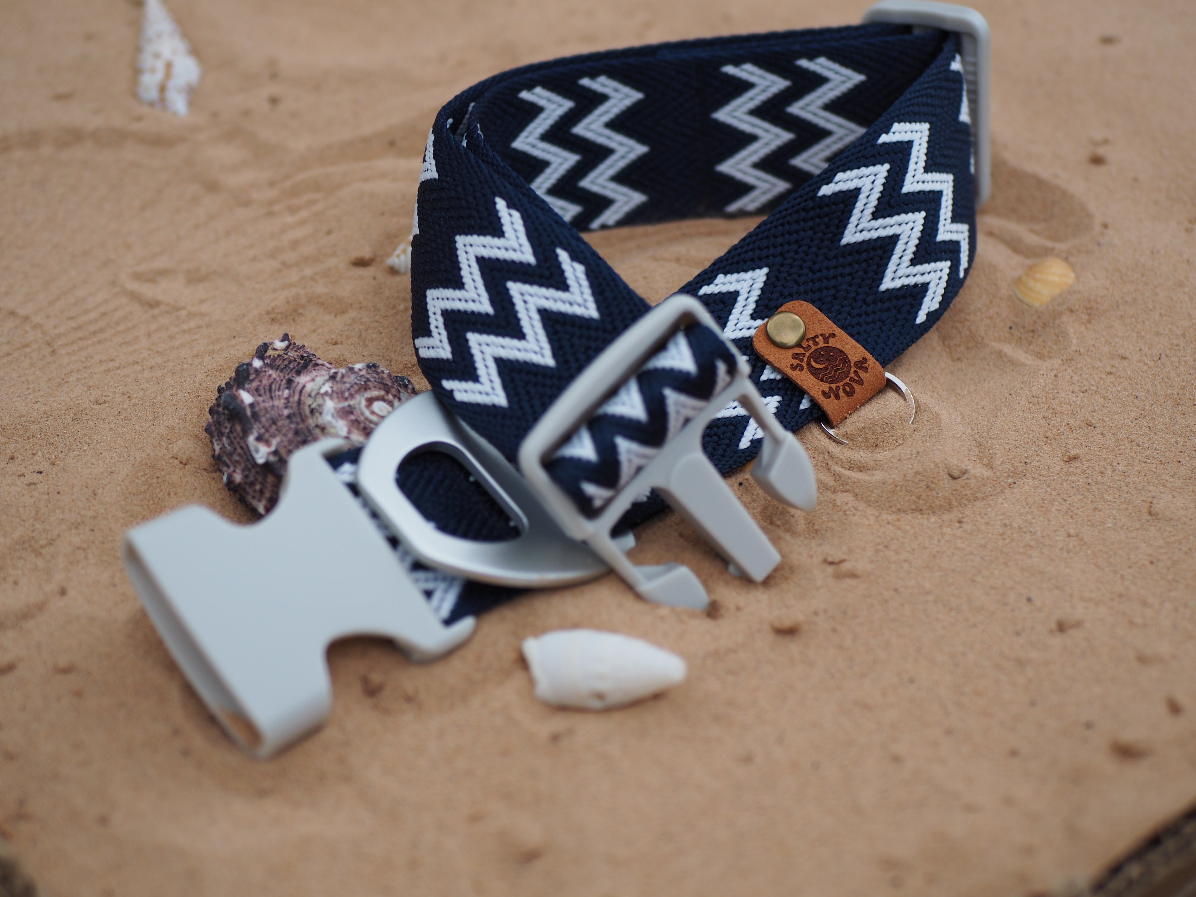 Salty Nova Tides collar in Blue Hour, a handmade 38mm dog collar in deep navy webbing, close-up