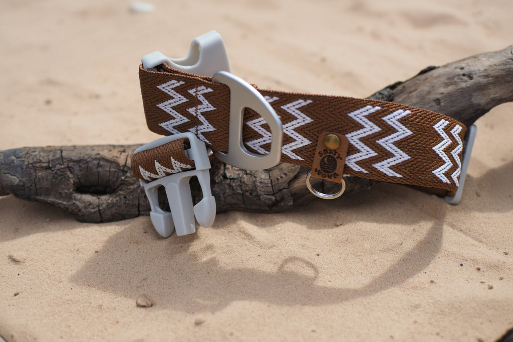 Salty Nova Tides collar in Driftwood, a handmade 38mm dog collar with grey hardware