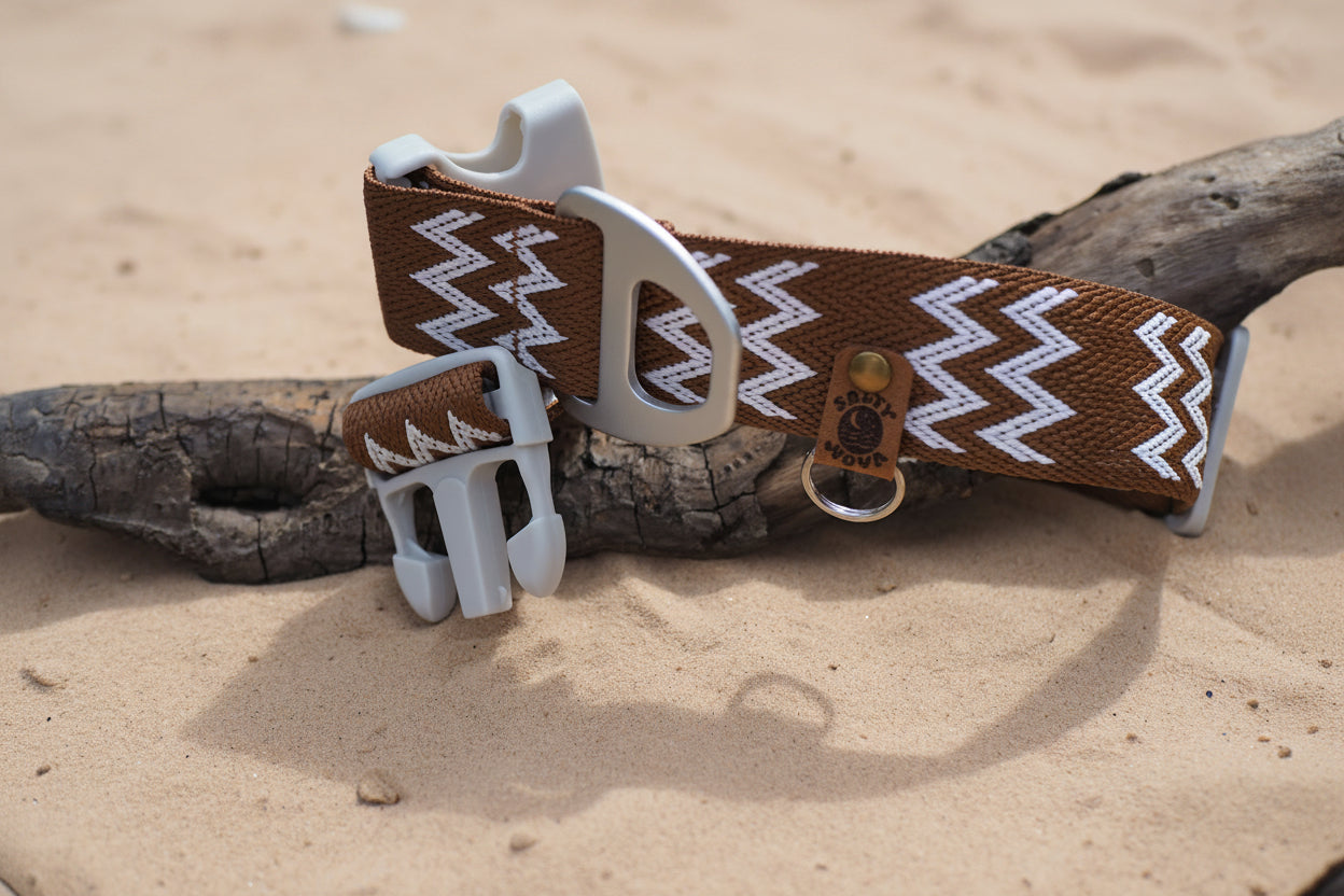 Salty Nova Tides collar in Driftwood, a handmade 38mm dog collar with grey hardware