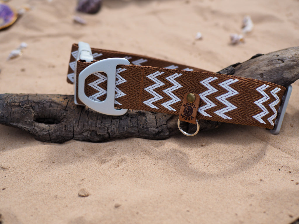 Salty Nova Tides collar in Driftwood, a handmade 38mm dog collar with grey hardware, lifestyle shot