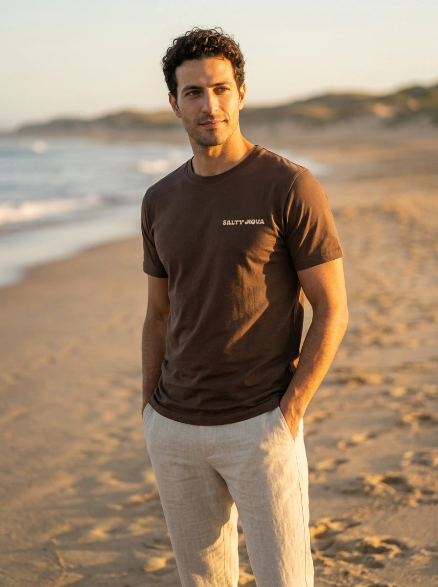 Salty Nova Hero Tee in Walnut Brown, a relaxed-fit cotton T-shirt with signature back print, close-up