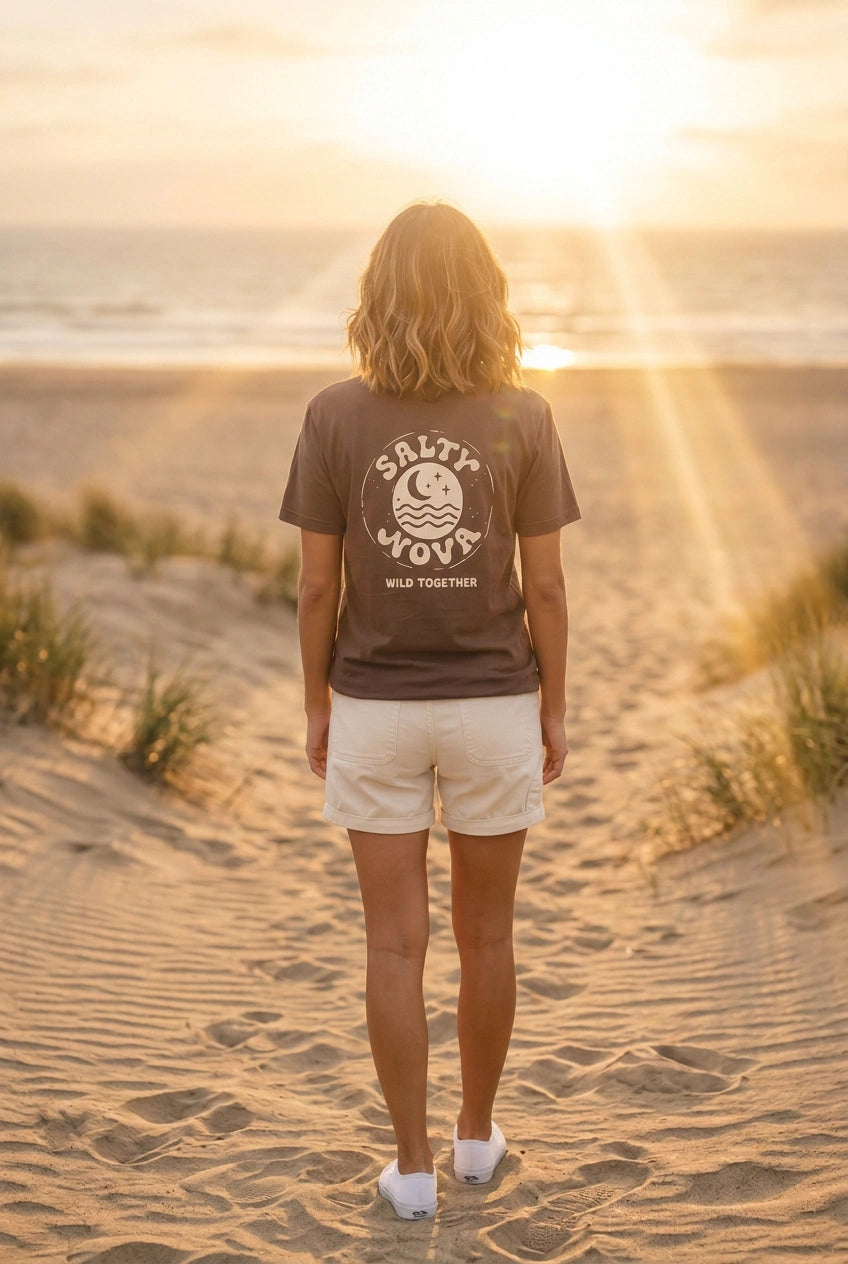 Salty Nova Hero Tee in Walnut Brown, a relaxed-fit cotton T-shirt with signature back print, lifestyle shot