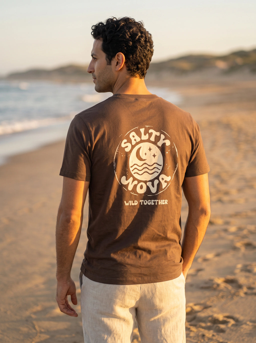 Salty Nova Hero Tee in Walnut Brown, a relaxed-fit cotton T-shirt with signature back print, additional angle