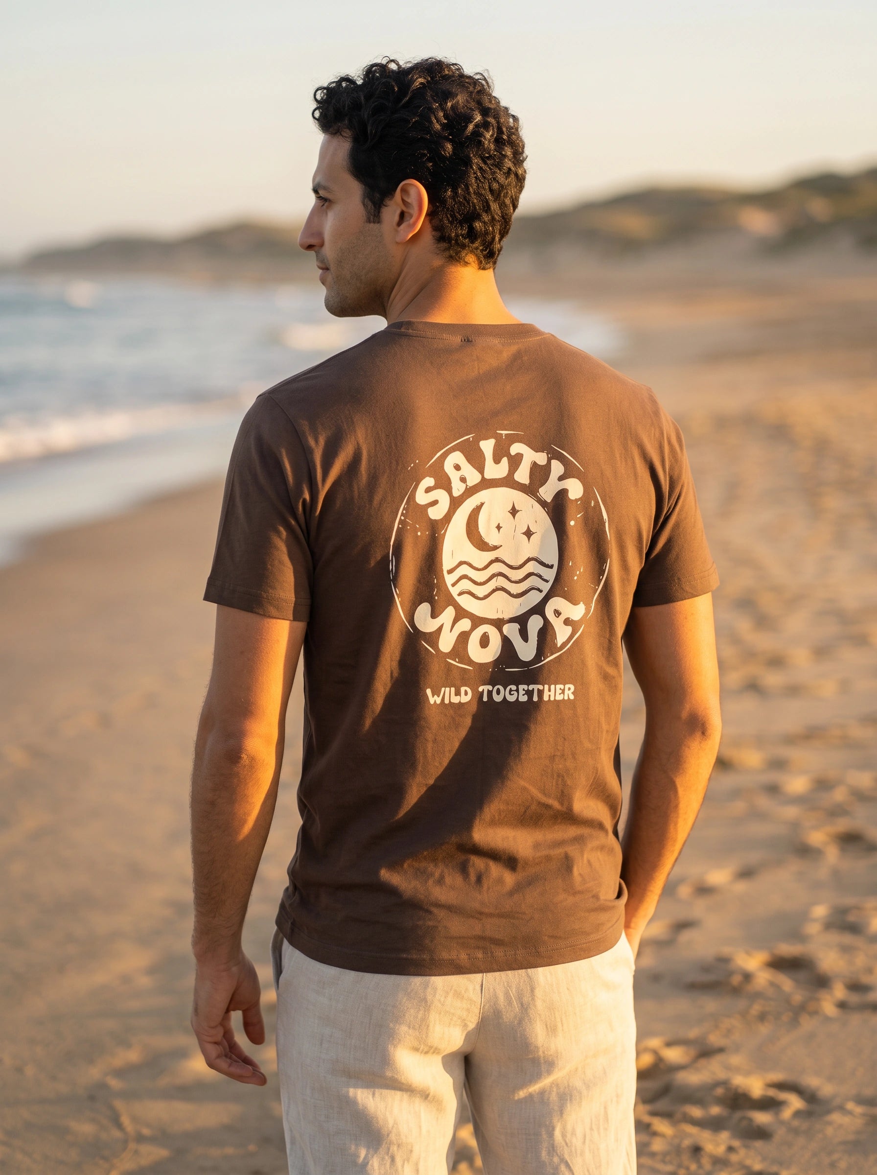 Salty Nova Hero Tee in Walnut Brown, a relaxed-fit cotton T-shirt with signature back print, additional angle